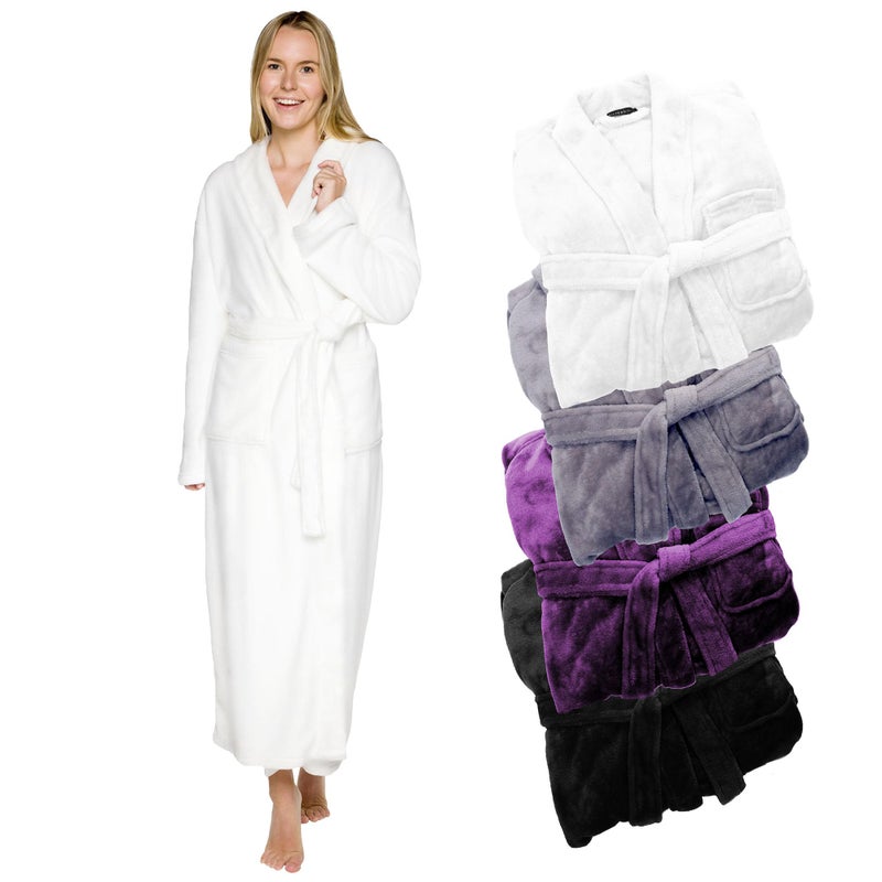 Silver Lilly Premium Womens Robe with Shawl Collar, Plush Fleece Long Bath Robe for Women, Fluffy, Warm, Fleece Women's Bathrobe- Small-Medium - White - Image 1